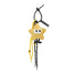 Yellow polyester star bag charm with big eyes, black legs, and yellow braided cord with smiley beads.