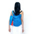 Blue nylon pleated backpack with drawstring and snap closure, front zip pocket, and side drawstring pockets.