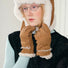 Flat lay chestnut suede split-finger gloves with ribbed knit cuff; soft suede look for winter styling.