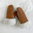 Flat lay chestnut suede gloves, smooth finish with stitched fingers; everyday winter gloves for outdoors.