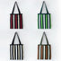 Front view of Four polyester striped knitted bags: red, green, black, and brown, each with shoulder straps polyester.