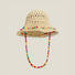Front view of the beige woven straw hat with a colorful beaded band and hanging cord.