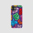 Purple silicone iPhone case with colorful funny face abstract pattern. Kidcore and playful style.