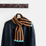 Front view of ColorPop Striped Scarf, a polyester fiber scarf with black and orange stripes and turquoise accents.