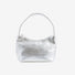 Silver patent leather shoulder bag with a single strap and top zipper closure.