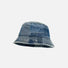 Multi-wash blue denim patchwork bucket hat featuring visible stitching and an artisanal retro look.