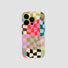 Front view of distressed colorful plaid phone case against clean background, showcasing vibrant checkerboard pattern.