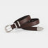 Dark brown double keeper leather belt rolled up showing fine edge stitching and silver hardware.