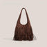 Dark brown vegan suede fringe hobo bag showcasing its long tassel design.