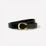 Front view of Black PU leather belt with a shiny gold C-shaped buckle.