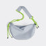 Front view of light grey nylon crescent bag with neon knotted strap detail, unique streetwear hobo bag.