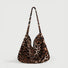 Brown and black leopard print polyester leisure tote bag, 15.7W x 13.8H.