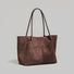 Modern Muse Suede Tote in Brown - Front view on white background - Large vegan suede carryall.
