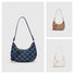 Front view of three Monogram Crescent Shoulder Bags in denim blue, brown, and white.