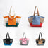 Group shot of double-sided tote bags in various color ,including orange, blue, red, green, pink, khaki, grey and black.