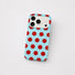 Back view of the light blue silicone phone case featuring vibrant red polka dots and precision camera frame.