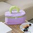 Angled view of purple Puffy Candy Makeup Box, great for on-the-go touch-ups.