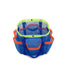 Close-up of Blue polyester mesh beach bag with neon green trim, orange pockets, shoulder strap, and snap closure.