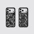 Flatlay view of two retro lace phone cases showing scroll lace and floral lace patterns on clear back panels.