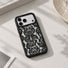 Close-up of the delicate lace print pattern on a transparent background with black silicone side bumpers.
