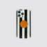 Silicone iPhone case with black and white vertical stripes and an orange romantic pop socket.