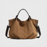 Front view of the brown rugged cargo canvas tote bag with leather trim.