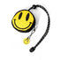 Smiley coin purse with long black cord lanyard; compact round zip pouch for coins and small essentials.