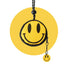 Smiley coin purse with key lanyard: yellow round zip pouch with black trim and mini smile charm for everyday carry.