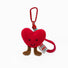 Red plush heart bag charm with smiling face, brown legs, and red carabiner clip.