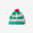 Aqua blue and white striped beanie with a red pompom on a white background.
