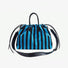 Flat lay of the blue striped drawstring bag with black PU leather handles; durable polyester material under $50.