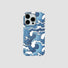 Silicone iPhone case with a blue and white Ukiyoe wave pattern and camera cutout.