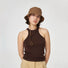 Woman wearing brown nylon ultralight quick-dry bucket hat with an adjustable windproof cord for hiking.