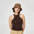 Woman wearing brown nylon ultralight quick-dry bucket hat with an adjustable windproof cord for hiking.