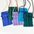 Angled view of Five Vivid Knit Pleat Mini Bags in blue, green, purple, light blue, and dark green with adjustable strap.