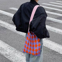 Foldable argyle knit tote bag