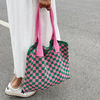 Checked knit tote bag