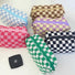 Six vibrant knit checkerboard makeup bags in pink, green, purple, blue, brown, and black; trendy dopamine aesthetic pouches.