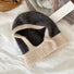 Dark grey and beige wool-acrylic color-splicing balaclava hat with a decorative button accent.