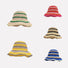 Group of foldable straw hats with colorful stripes, offering lightweight and portable beach sun protection.