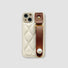 Cream quilted PU leather iPhone case with a brown wristband and pearl accent.