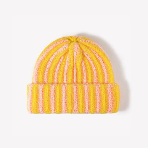 Fuzzy Contrast Striped Beanie