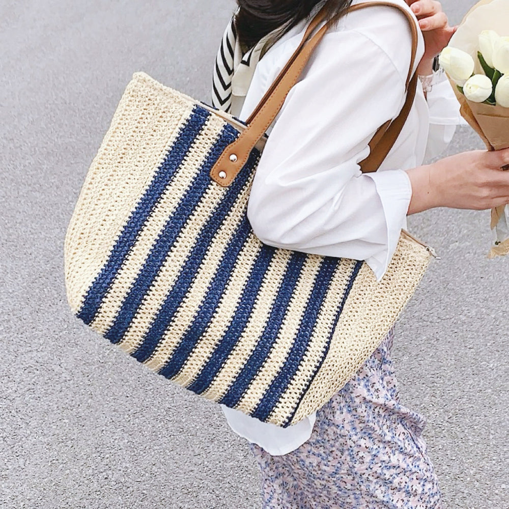 Vertical Striped Straw Tote Bag - Main Image