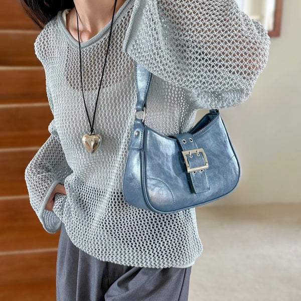 Nieten-Umhängetasche Aus PU-Leder – Hobo-Form Mit Reißverschluss, Trendy Halbmond-Design Für Damen