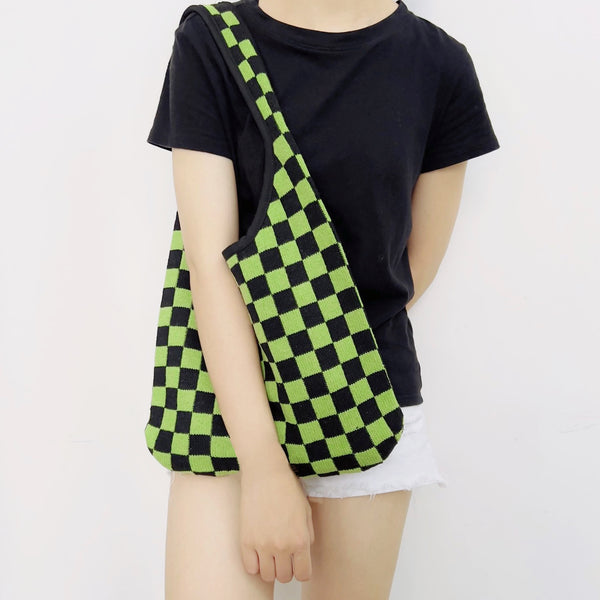 Medium Size Checkered Knitted Shoulder Bag