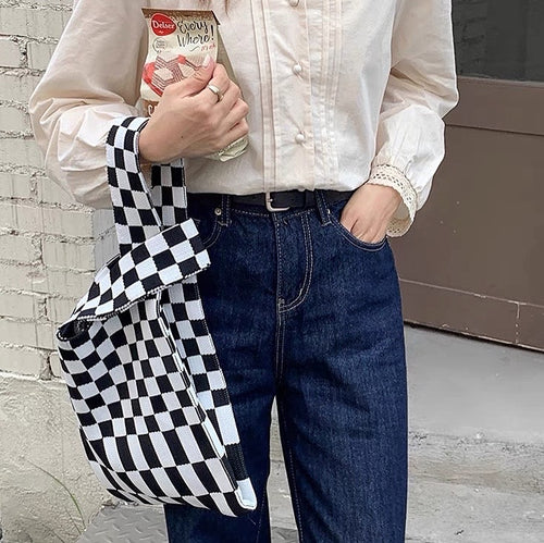 Checkered Woven Tote Bag