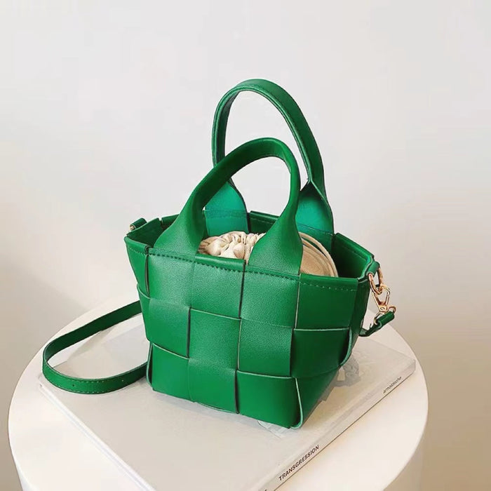Woven Leather Mini Basket Bag In Green