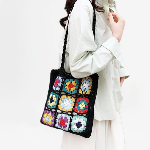 Handmade Crochet Flower Grid Shoulder Bag