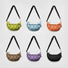 A grid display of airy nylon crescent sling bags in mustard, blue, orange, brown, purple, and black.