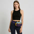 A model wearing the deep purple AOIO belt bag around the waist over dark leggings.